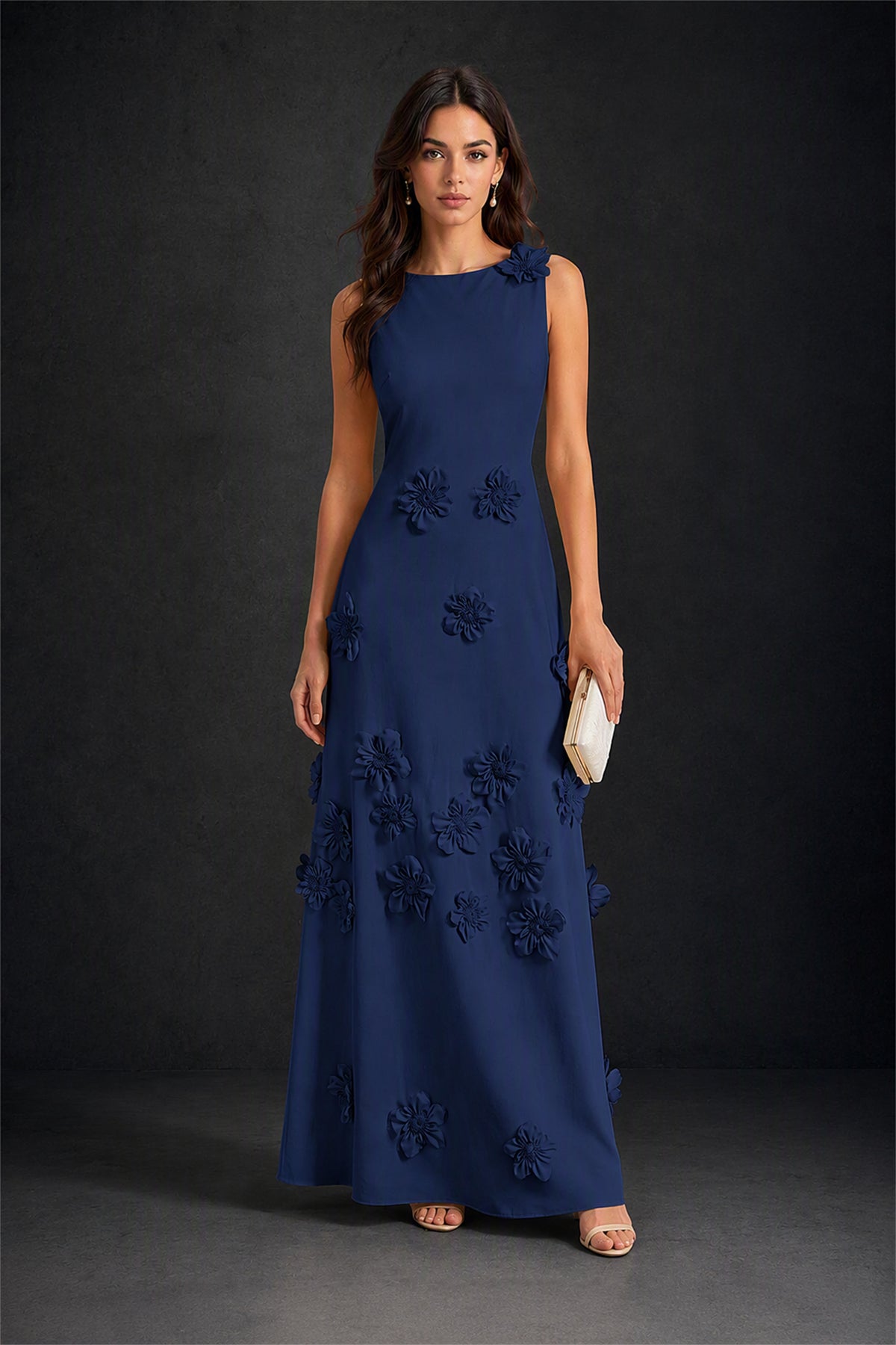 BOLODOO Navy Blue 3D Floral Appliqué Sleeveless Maxi Dress - Navy Blue