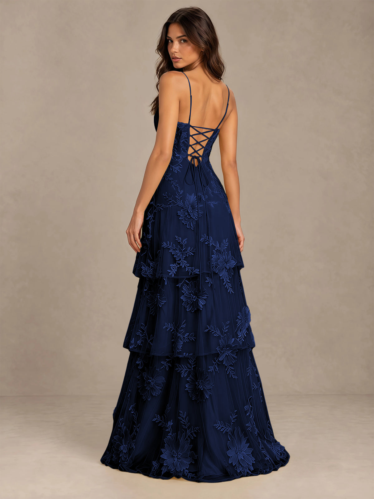 BOLODOO Navy Blue Floral Applique Tiered Prom Dress with Lace-Up Back - Navy Blue - Navy Blue-2