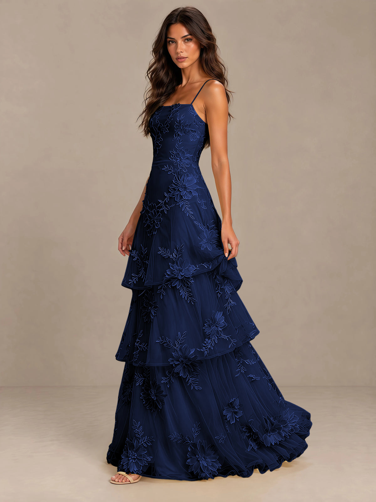 BOLODOO Navy Blue Floral Applique Tiered Prom Dress with Lace-Up Back - Navy Blue - Navy Blue-3
