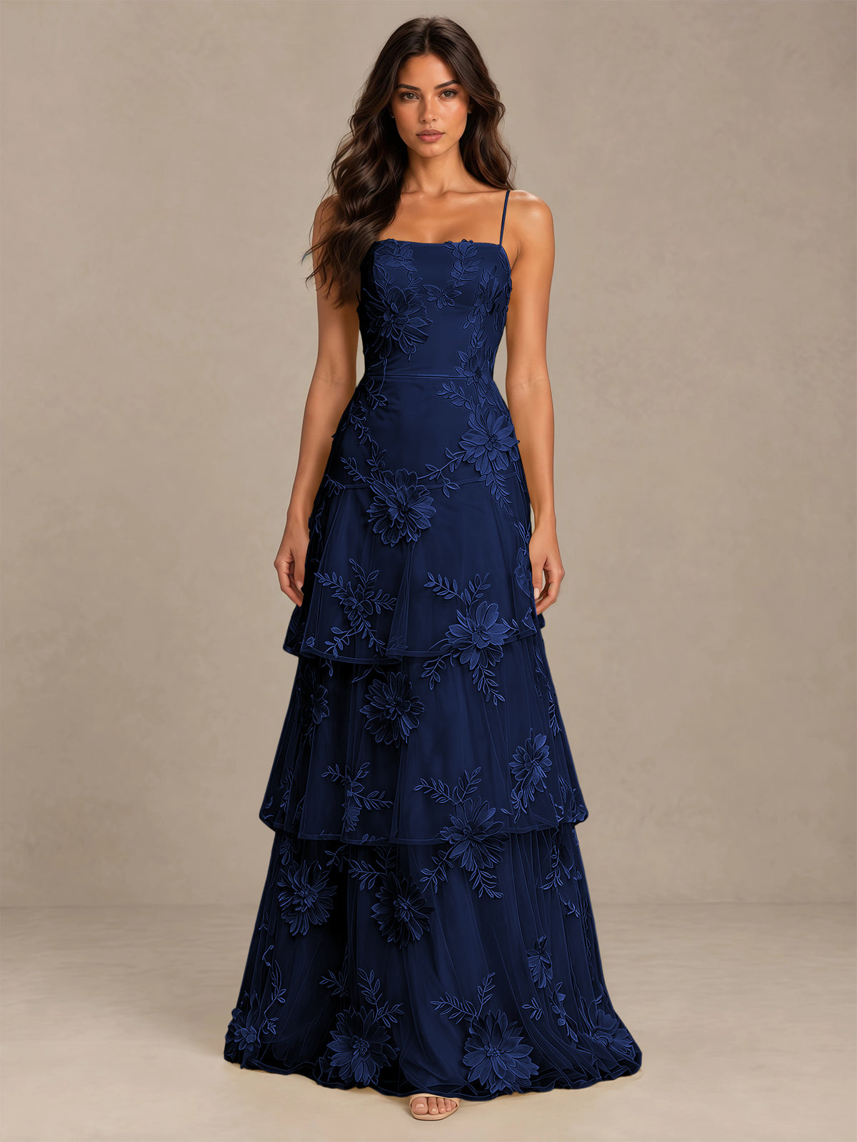 BOLODOO Navy Blue Floral Applique Tiered Prom Dress with Lace-Up Back - Navy Blue - Navy Blue-4