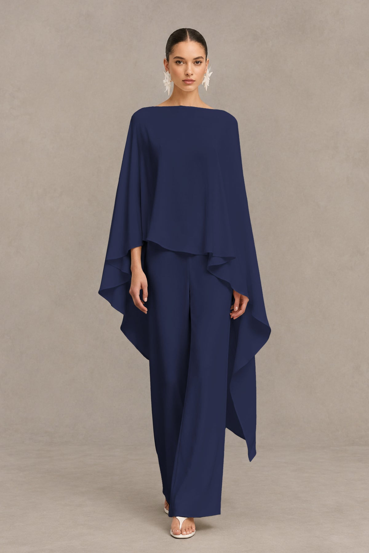 BOLODOO Navy Blue Cape Sleeve Wide-Leg Formal Pantsuit - Navy Blue - Navy Blue_01