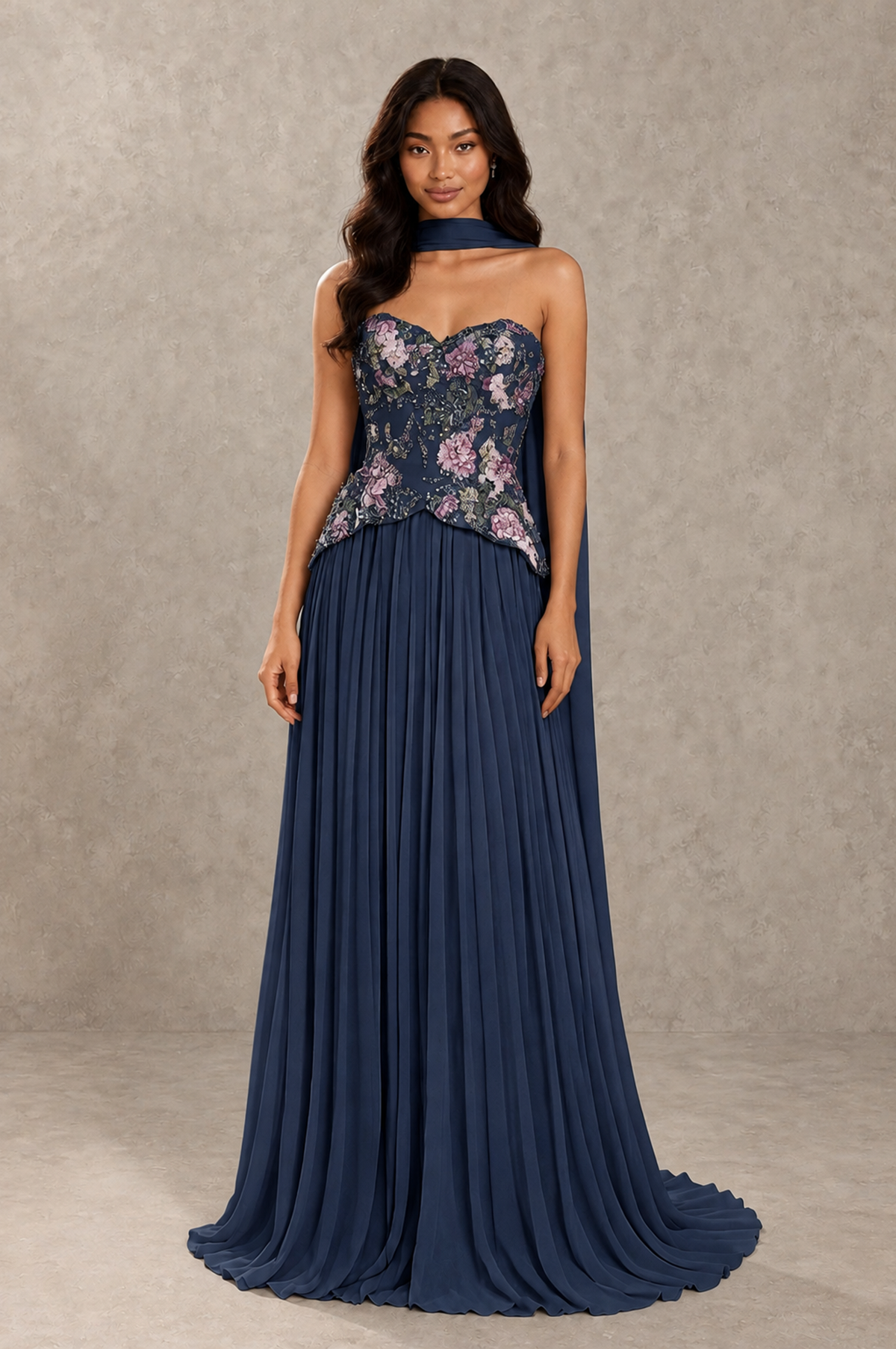 BOLODOO Navy Blue Strapless Beaded Floral Corset Chiffon Maxi Gown – Open Back Prom & Formal Evening Dress - Navy Blue - Navy Blue_01