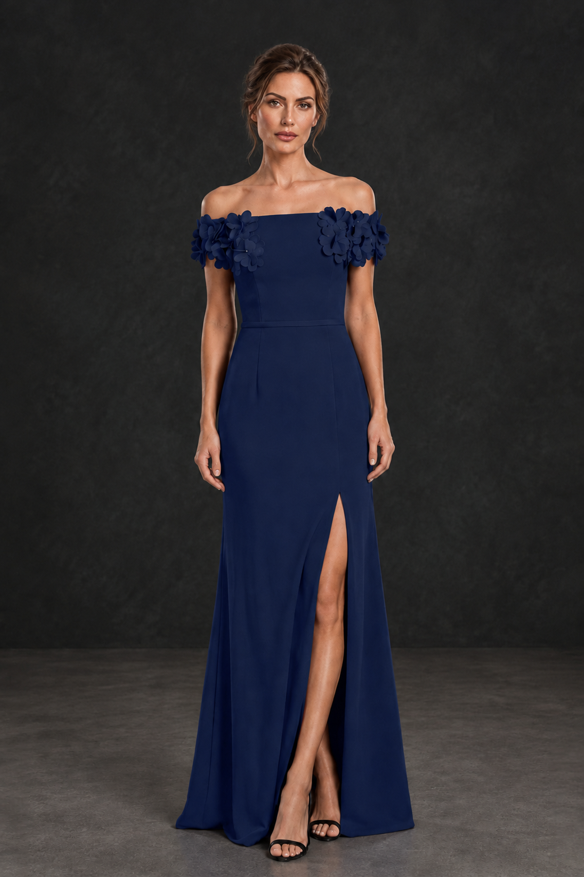BOLODOO Navy Blue Off-the-Shoulder Mother of the Bride Dress with Floral Appliques - Navy Blue - Navy Blue_01