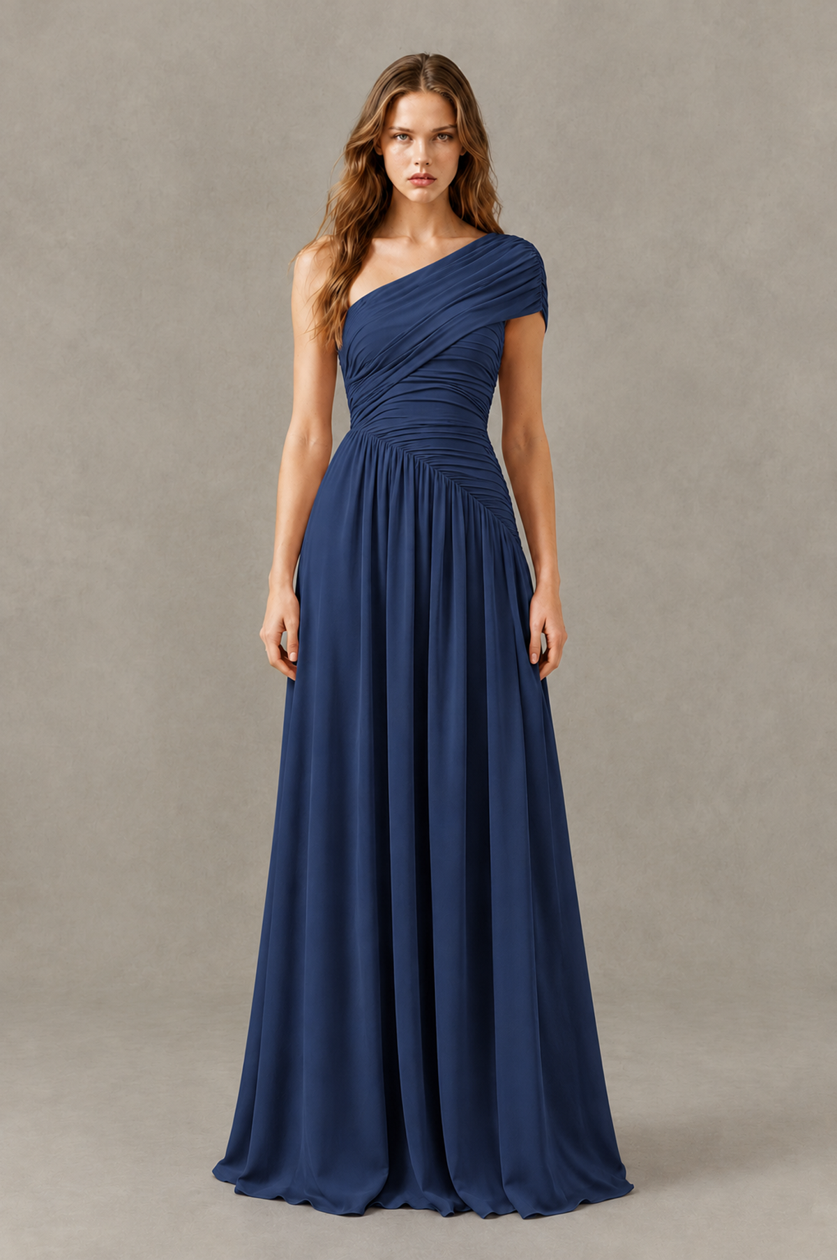 BOLODOO Navy Blue One-Shoulder Ruched Floor-Length Bridesmaid Dress - Navy Blue - Navy Blue_01