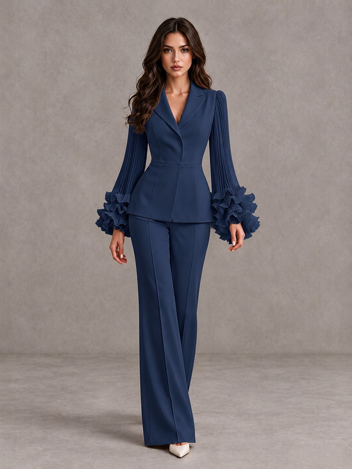 BOLODOO Navy Blue Mother of the Bride Pant Suit – Pleated Long Sleeve Ruffle Cuff Wide Leg Trouser Suit - Navy Blue - Navy Blue_01