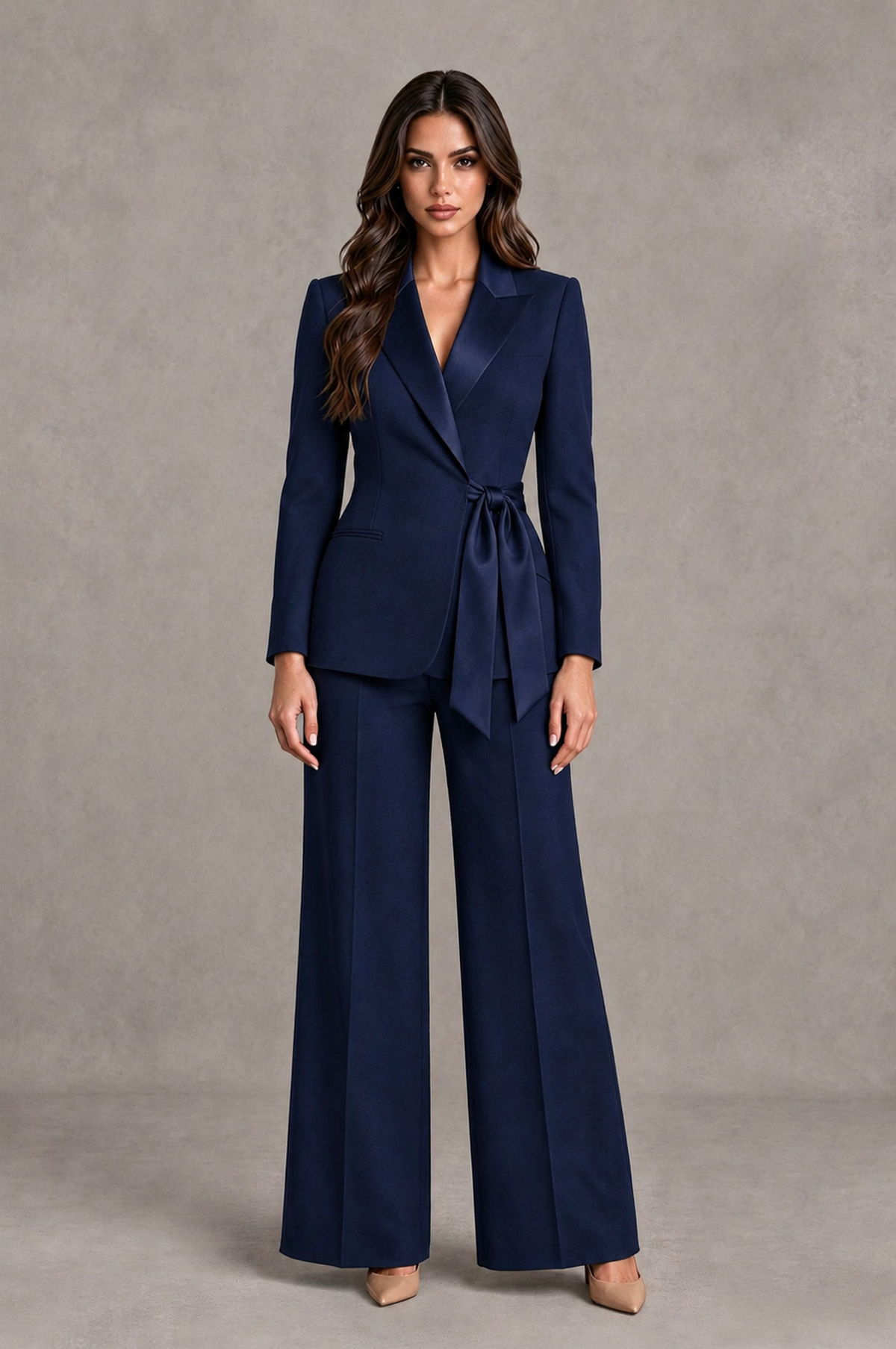 BOLODOO Navy Blue Tie-Waist Blazer & Wide-Leg Pantsuit - Navy Blue - Navy Blue_01