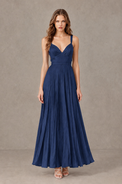 BOLODOO Navy Blue V-Neck Pleated Open-Back Maxi Dress - Navy Blue - Navy Blue_01