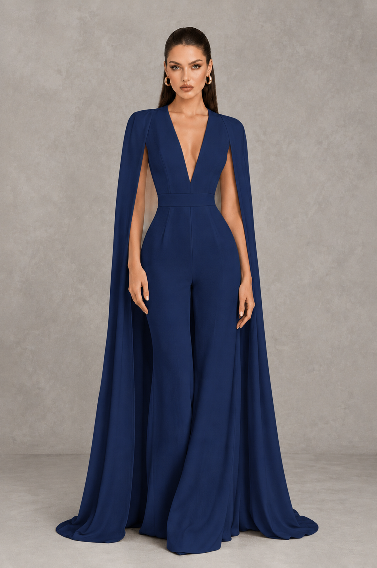 BOLODOO Navy Blue Deep V-Neck Cape Sleeve Bridal Jumpsuit - Navy Blue - Navy Blue_01