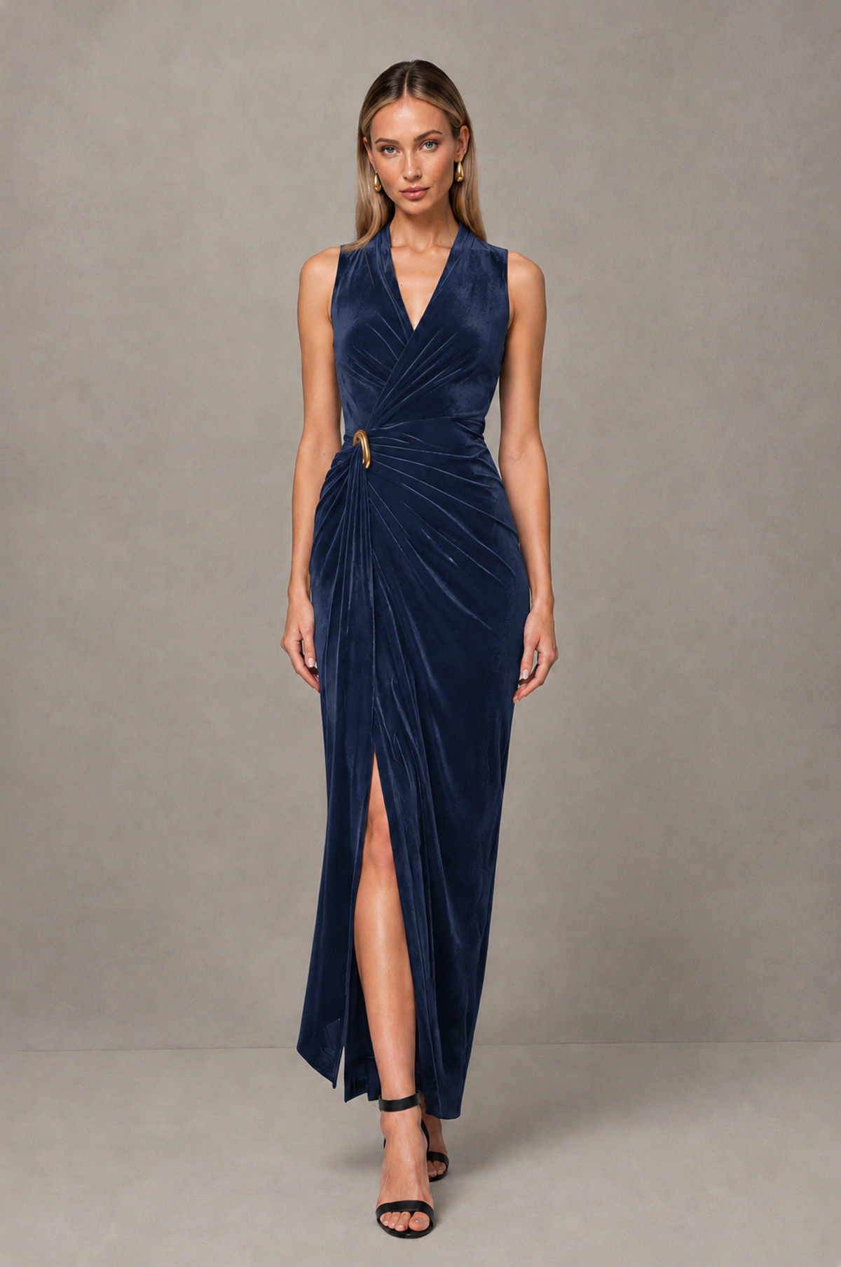 BOLODOO Navy Blue Velvet-Look Sleeveless V-Neck Ruched Slit Maxi Dress - Navy Blue - Navy Blue_01