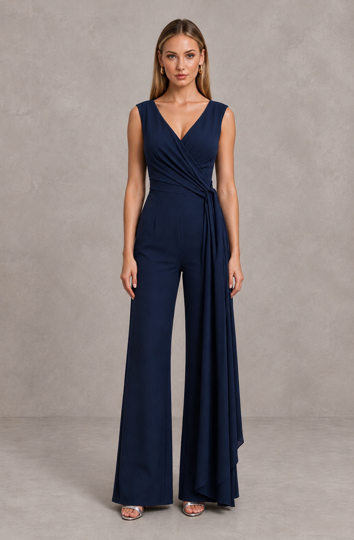 BOLODOO Navy Blue Sleeveless V-Neck Wide-Leg Jumpsuit with Side Drape - Navy Blue - Navy Blue_01