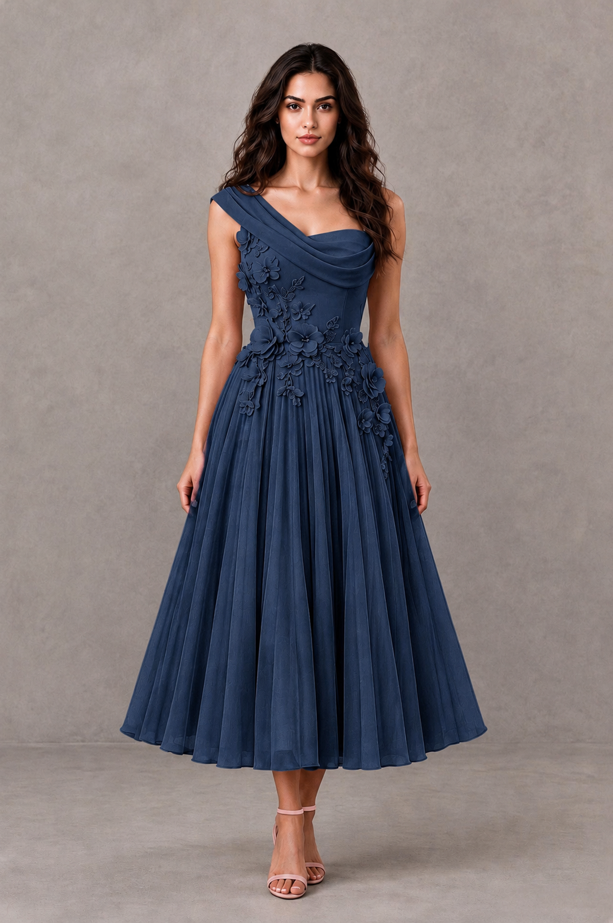 BOLODOO Navy Blue One-Shoulder Floral Tulle Tea-Length Dress - Navy Blue - Navy Blue_01