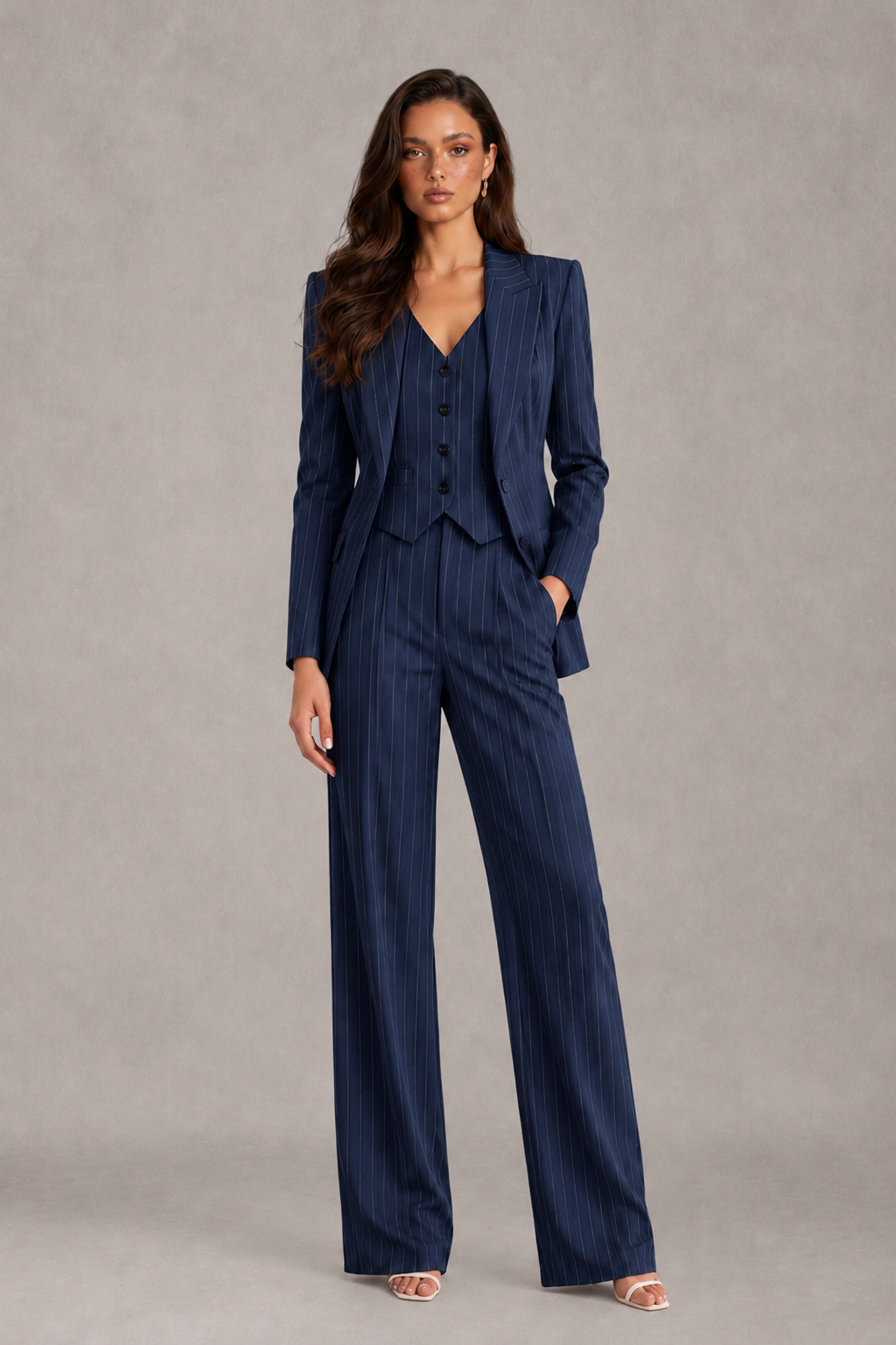 BOLODOO Women's Navy Blue Pinstripe Three-Piece Pantsuit with Wide-Leg Trousers - Navy Blue - Navy Blue_01