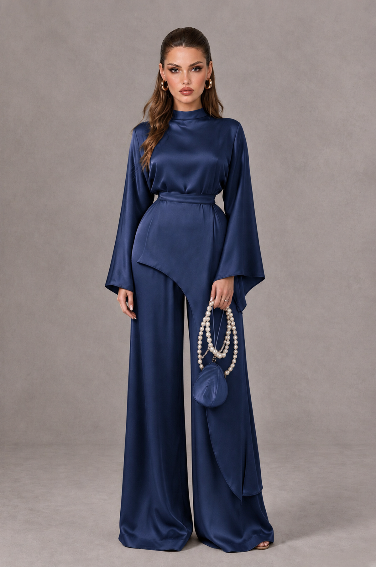 BOLODOO Navy Blue Satin-Look Long Sleeve Wide-Leg Jumpsuit - Navy Blue - Navy Blue_01