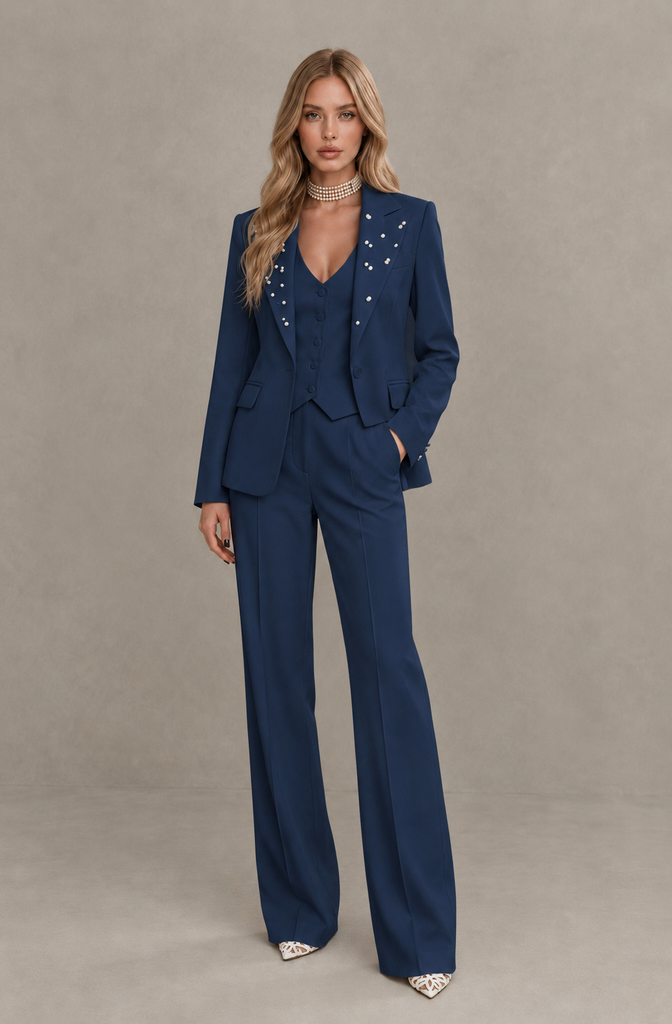 BOLODOO Navy Blue Women's Three-Piece Pantsuit with Blazer & Vest - Navy Blue - Navy Blue_01