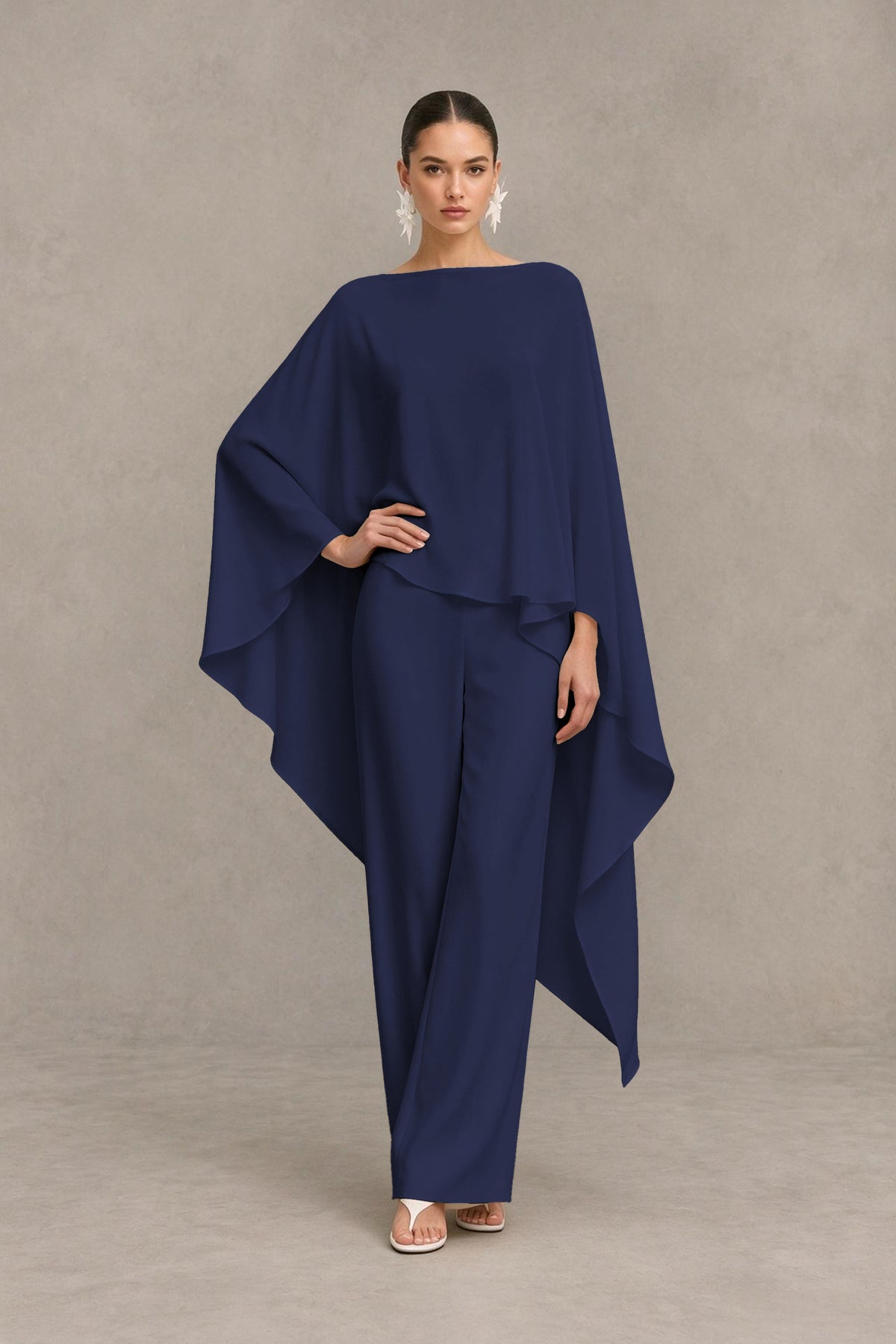BOLODOO Navy Blue Cape Sleeve Wide-Leg Formal Pantsuit - Navy Blue - Navy Blue_02