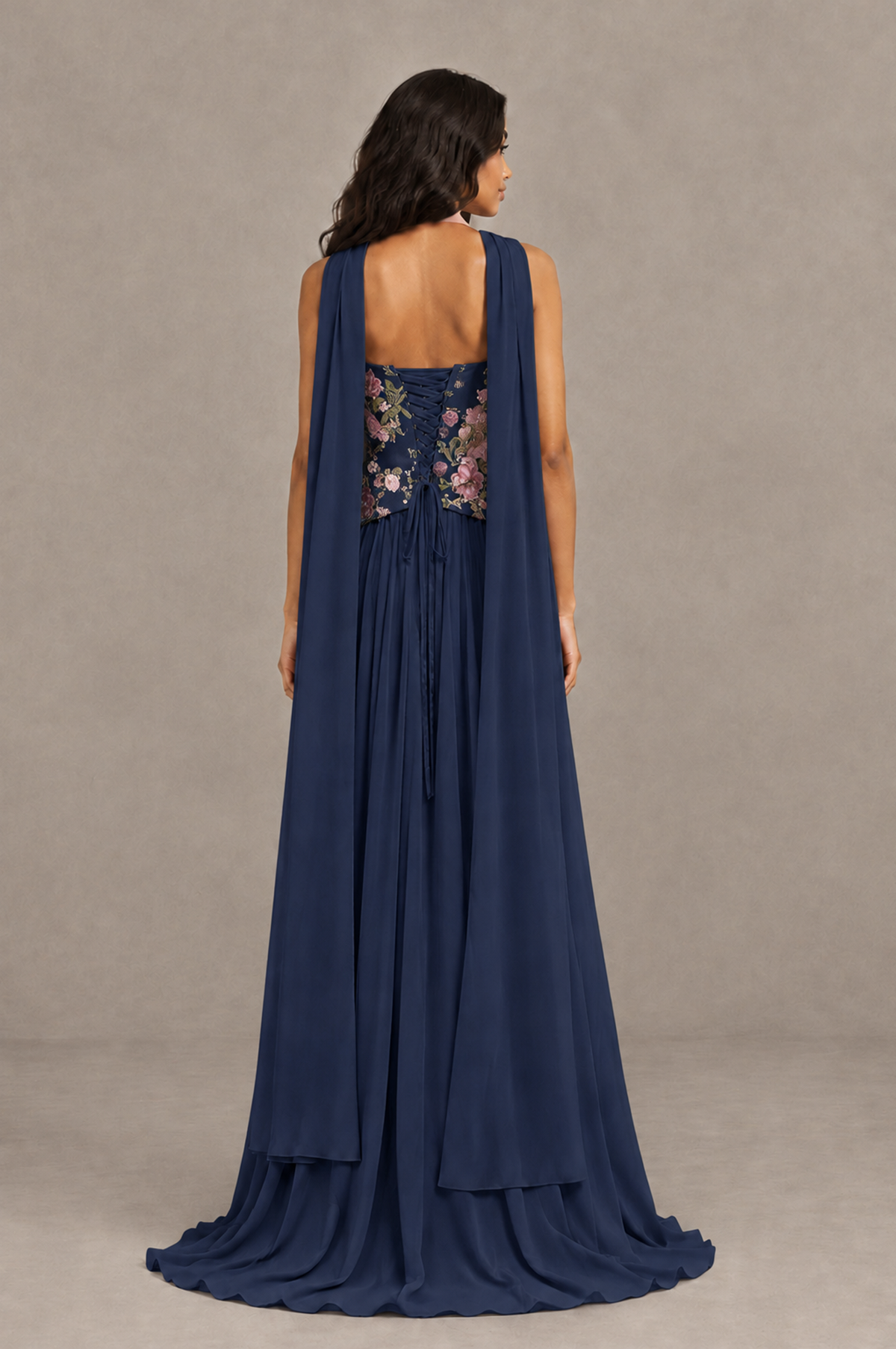 BOLODOO Navy Blue Strapless Beaded Floral Corset Chiffon Maxi Gown – Open Back Prom & Formal Evening Dress - Navy Blue - Navy Blue_02