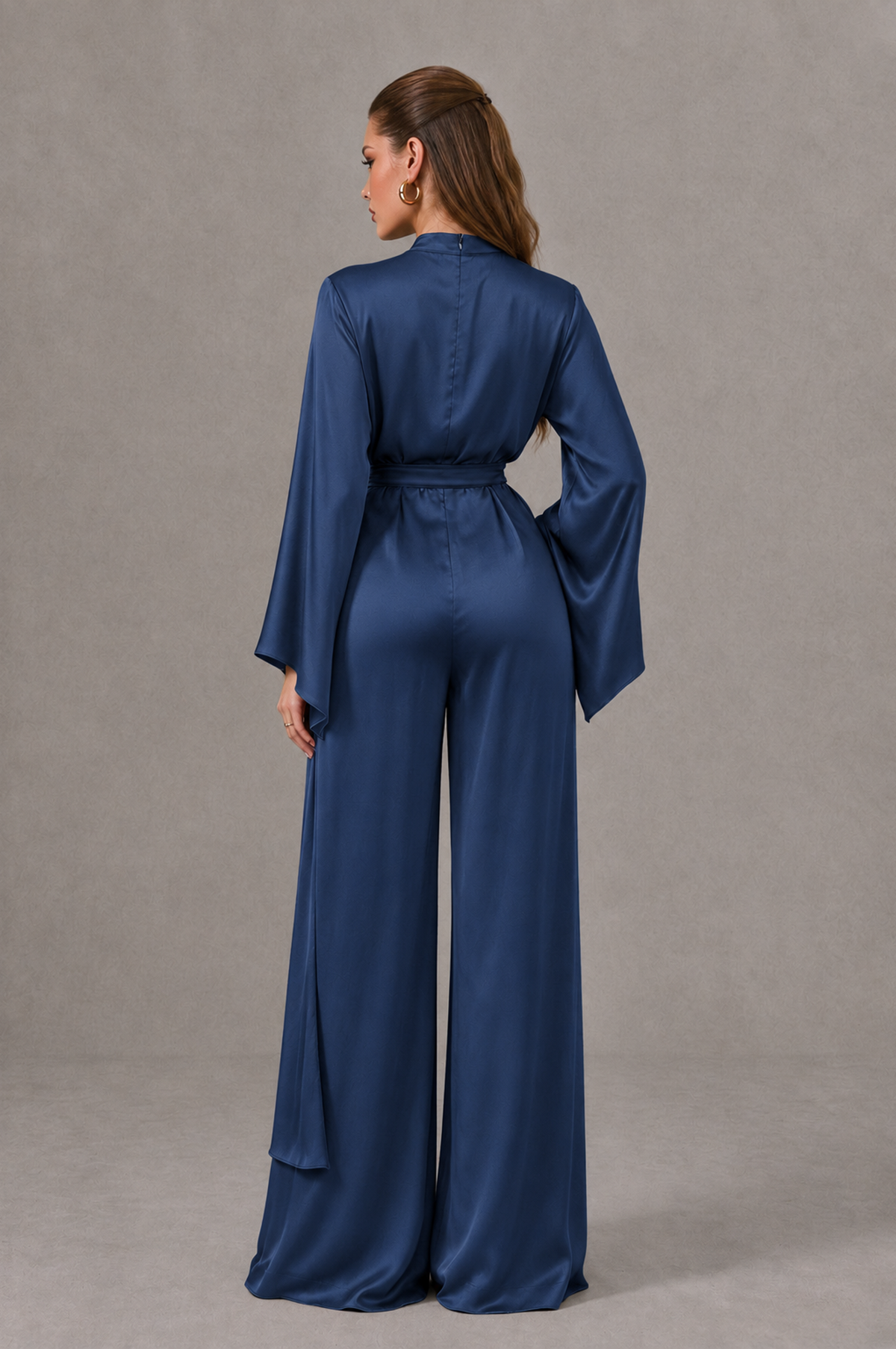 BOLODOO Navy Blue Satin-Look Long Sleeve Wide-Leg Jumpsuit - Navy Blue - Navy Blue_02