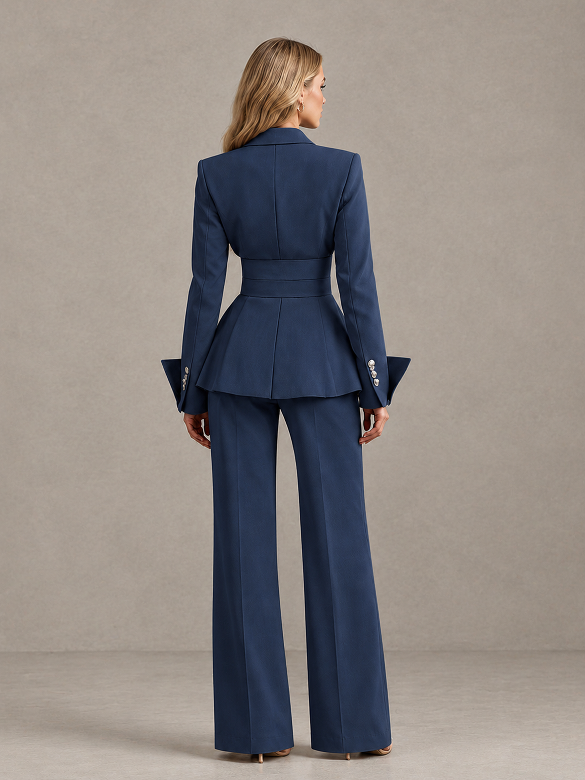 BOLODOO Navy Blue Belted Peplum Pantsuit with Long Sleeves & Wide-Leg Trousers - Navy Blue - Navy Blue_02
