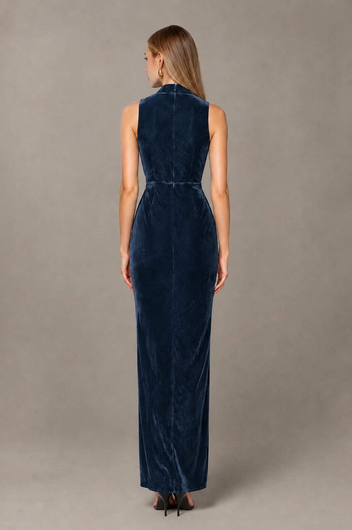 BOLODOO Navy Blue Velvet-Look Sleeveless V-Neck Ruched Slit Maxi Dress - Navy Blue - Navy Blue_02