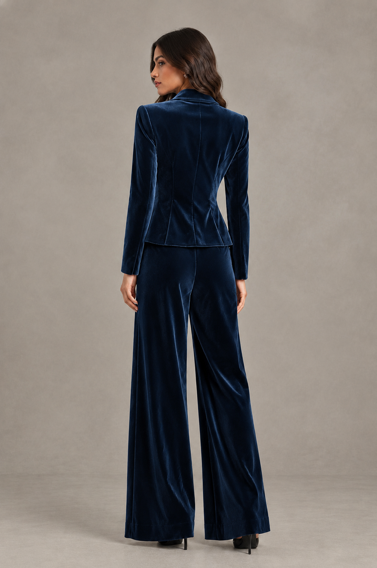 BOLODOO Navy Blue Velvet Two-Piece Pantsuit with Long Sleeve Blazer & Wide-Leg Trousers - Navy Blue - Navy Blue_02