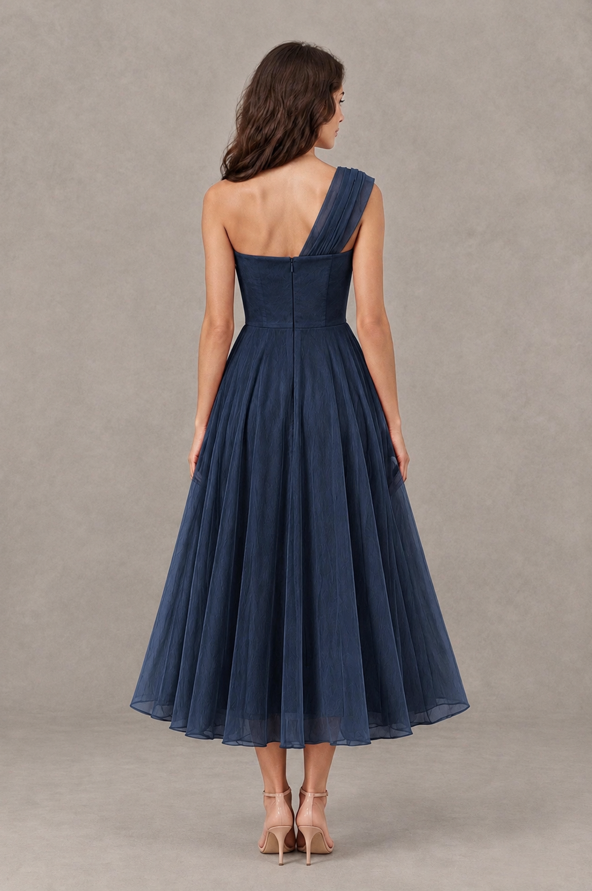 BOLODOO Navy Blue One-Shoulder Floral Tulle Tea-Length Dress - Navy Blue - Navy Blue_02
