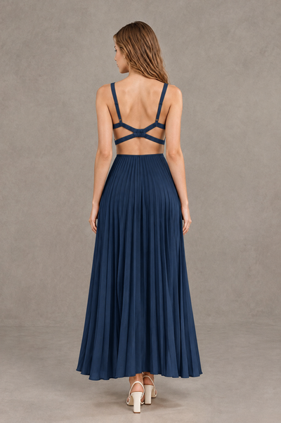 BOLODOO Navy Blue V-Neck Pleated Open-Back Maxi Dress - Navy Blue - Navy Blue_02