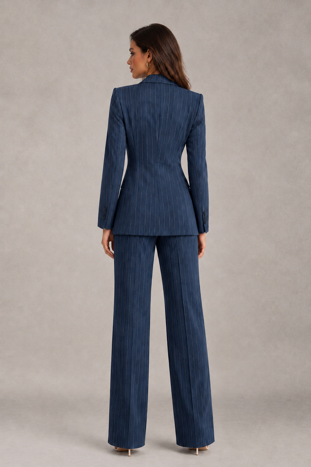 BOLODOO Women's Navy Blue Pinstripe Three-Piece Pantsuit with Wide-Leg Trousers - Navy Blue - Navy Blue_02