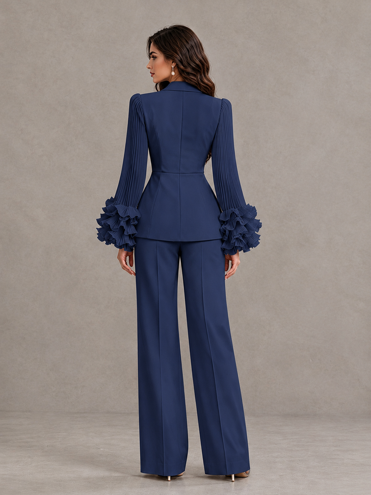 BOLODOO Navy Blue Mother of the Bride Pant Suit – Pleated Long Sleeve Ruffle Cuff Wide Leg Trouser Suit - Navy Blue - Navy Blue_02
