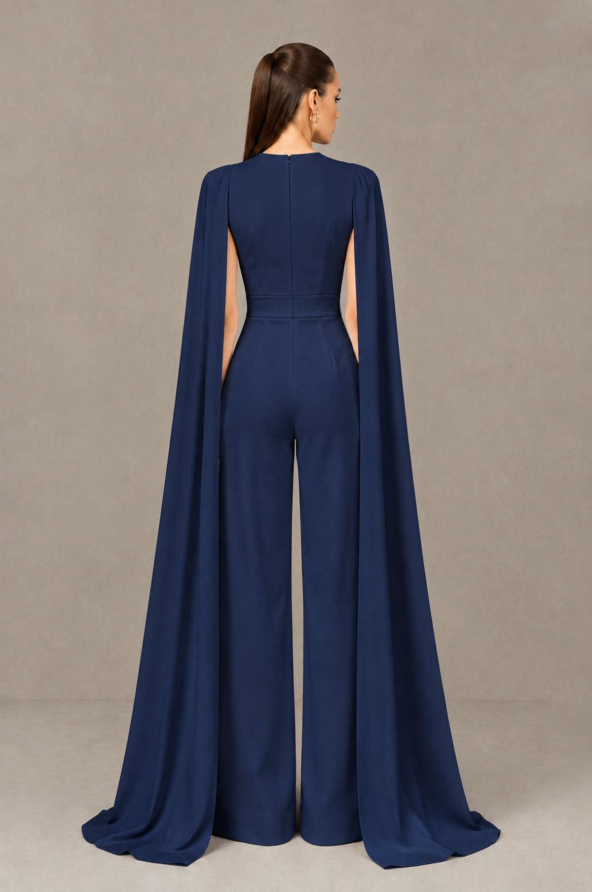 BOLODOO Navy Blue Deep V-Neck Cape Sleeve Bridal Jumpsuit - Navy Blue - Navy Blue_02