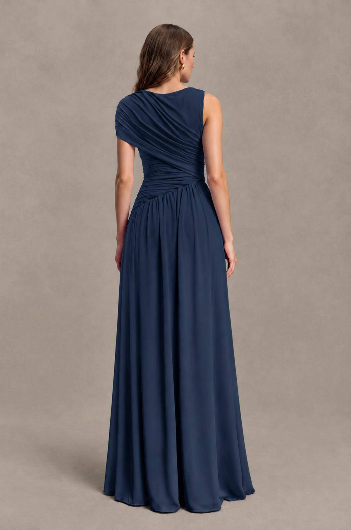 BOLODOO Navy Blue One-Shoulder Ruched Floor-Length Bridesmaid Dress - Navy Blue - Navy Blue_02