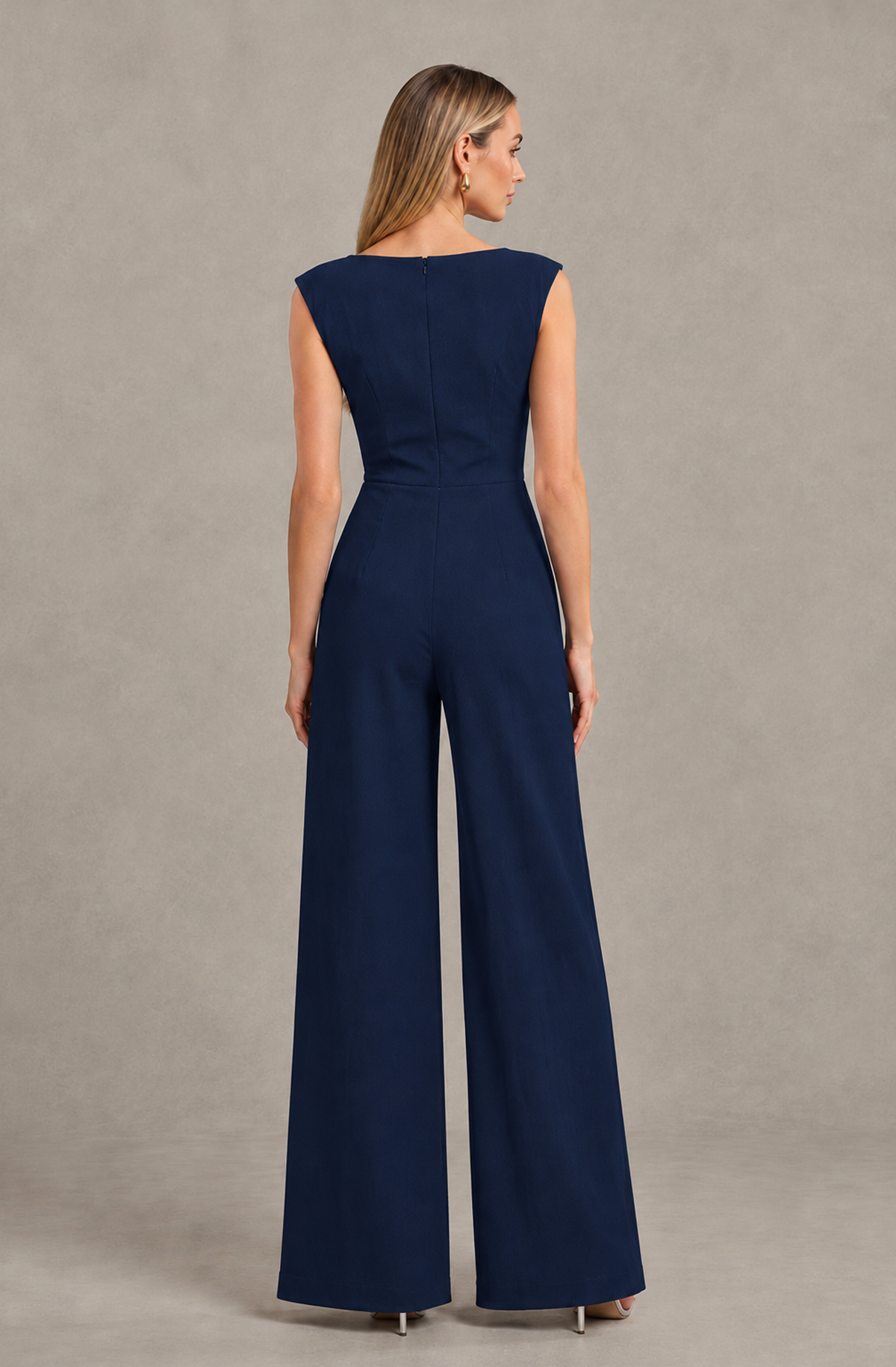 BOLODOO Navy Blue Sleeveless V-Neck Wide-Leg Jumpsuit with Side Drape - Navy Blue - Navy Blue_02