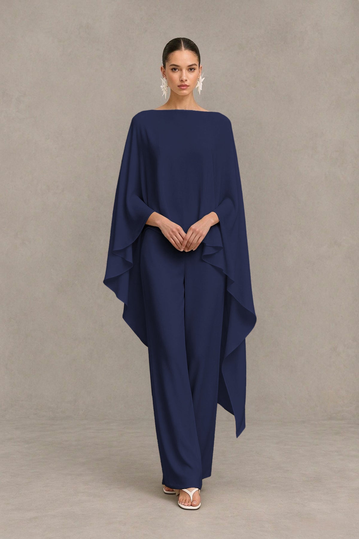BOLODOO Navy Blue Cape Sleeve Wide-Leg Formal Pantsuit - Navy Blue - Navy Blue_03
