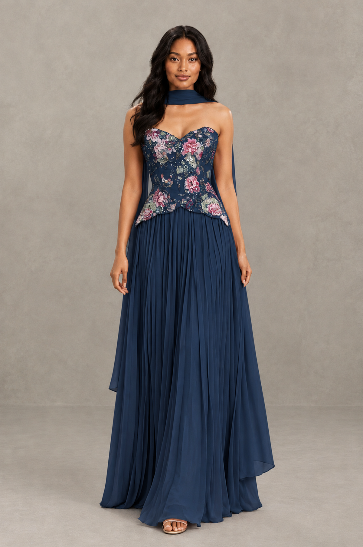 BOLODOO Navy Blue Strapless Beaded Floral Corset Chiffon Maxi Gown – Open Back Prom & Formal Evening Dress - Navy Blue - Navy Blue_03