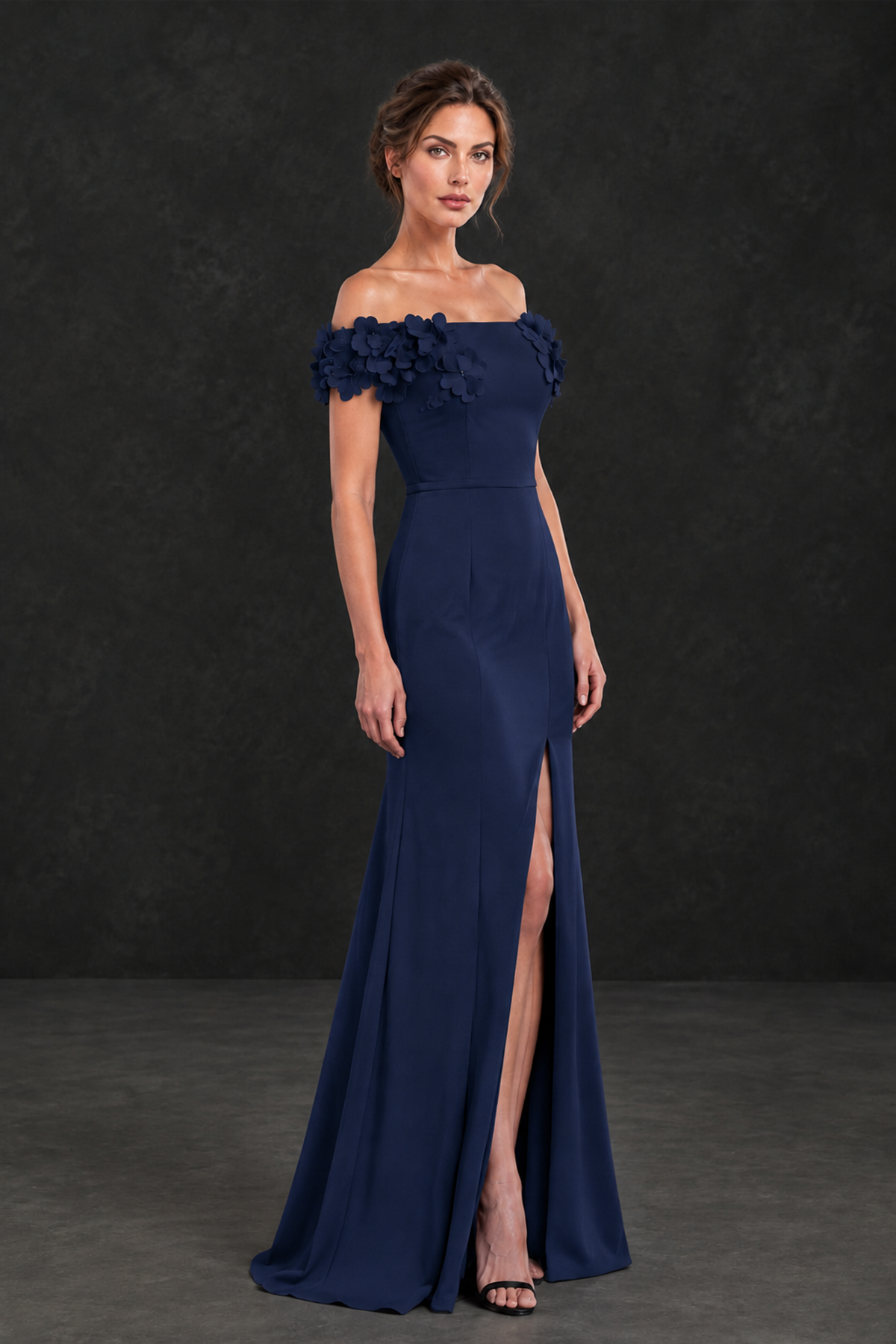 BOLODOO Navy Blue Off-the-Shoulder Mother of the Bride Dress with Floral Appliques - Navy Blue - Navy Blue_03
