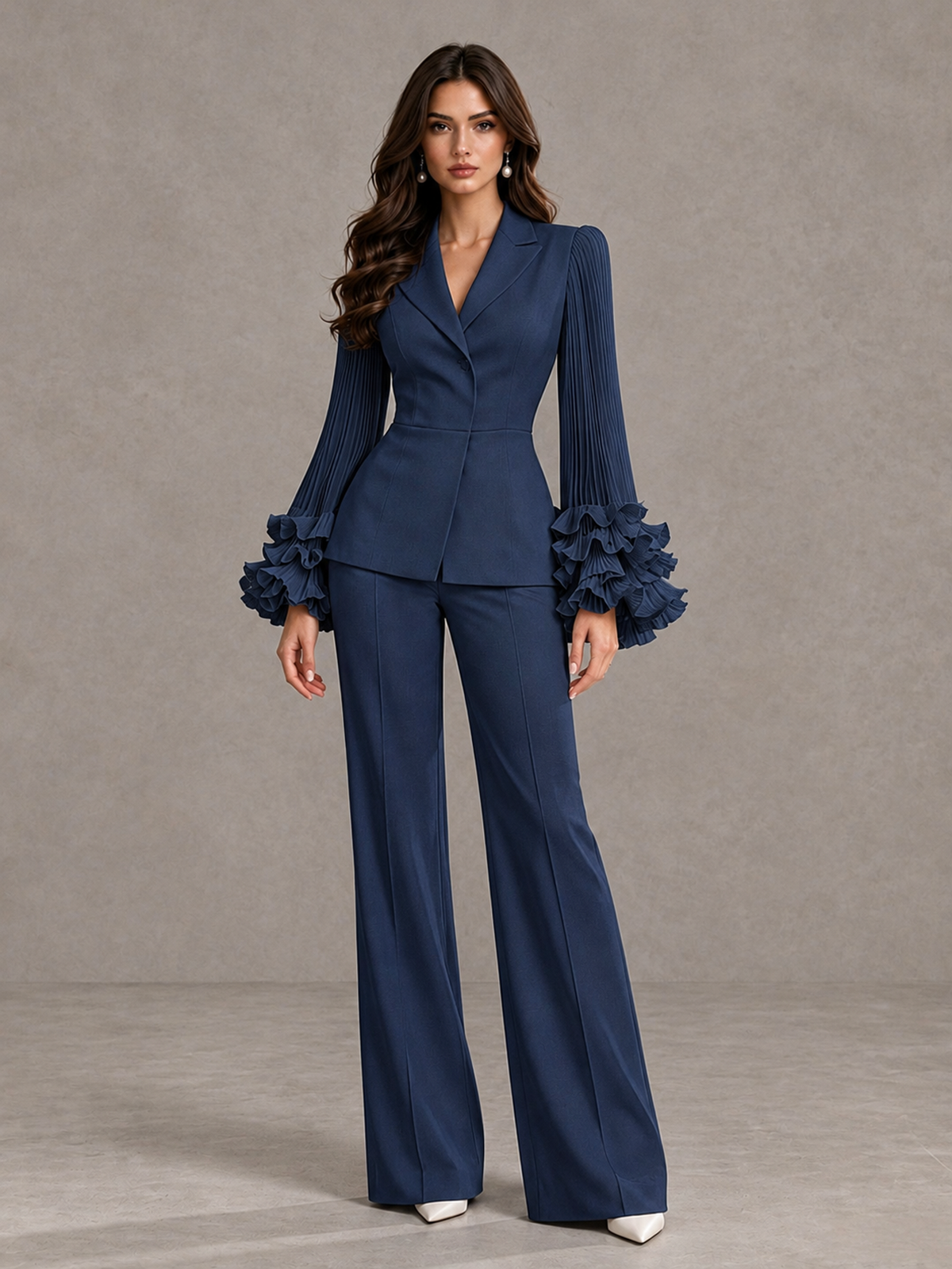 BOLODOO Navy Blue Mother of the Bride Pant Suit – Pleated Long Sleeve Ruffle Cuff Wide Leg Trouser Suit - Navy Blue - Navy Blue_03