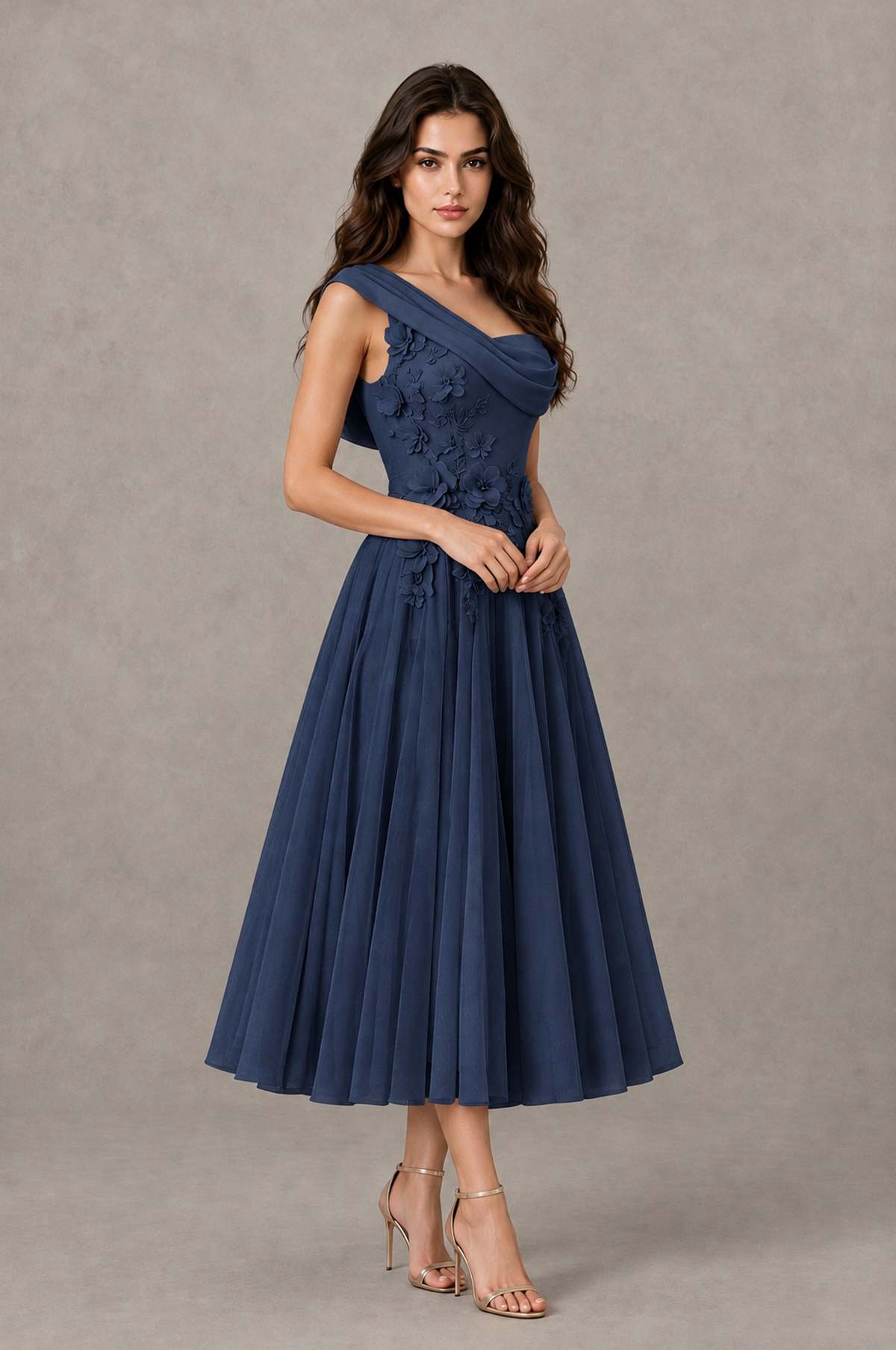 BOLODOO Navy Blue One-Shoulder Floral Tulle Tea-Length Dress - Navy Blue - Navy Blue_03