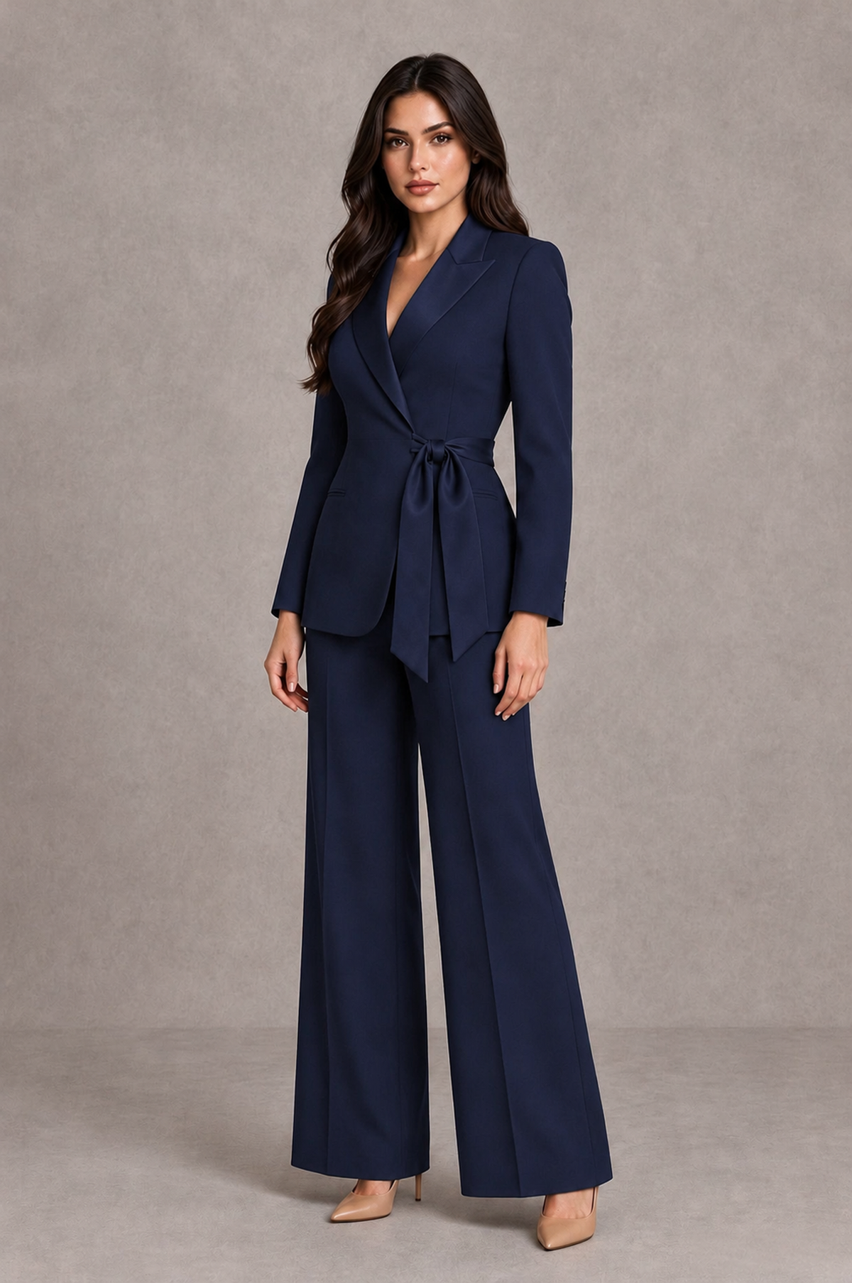 BOLODOO Navy Blue Tie-Waist Blazer & Wide-Leg Pantsuit - Navy Blue - Navy Blue_03