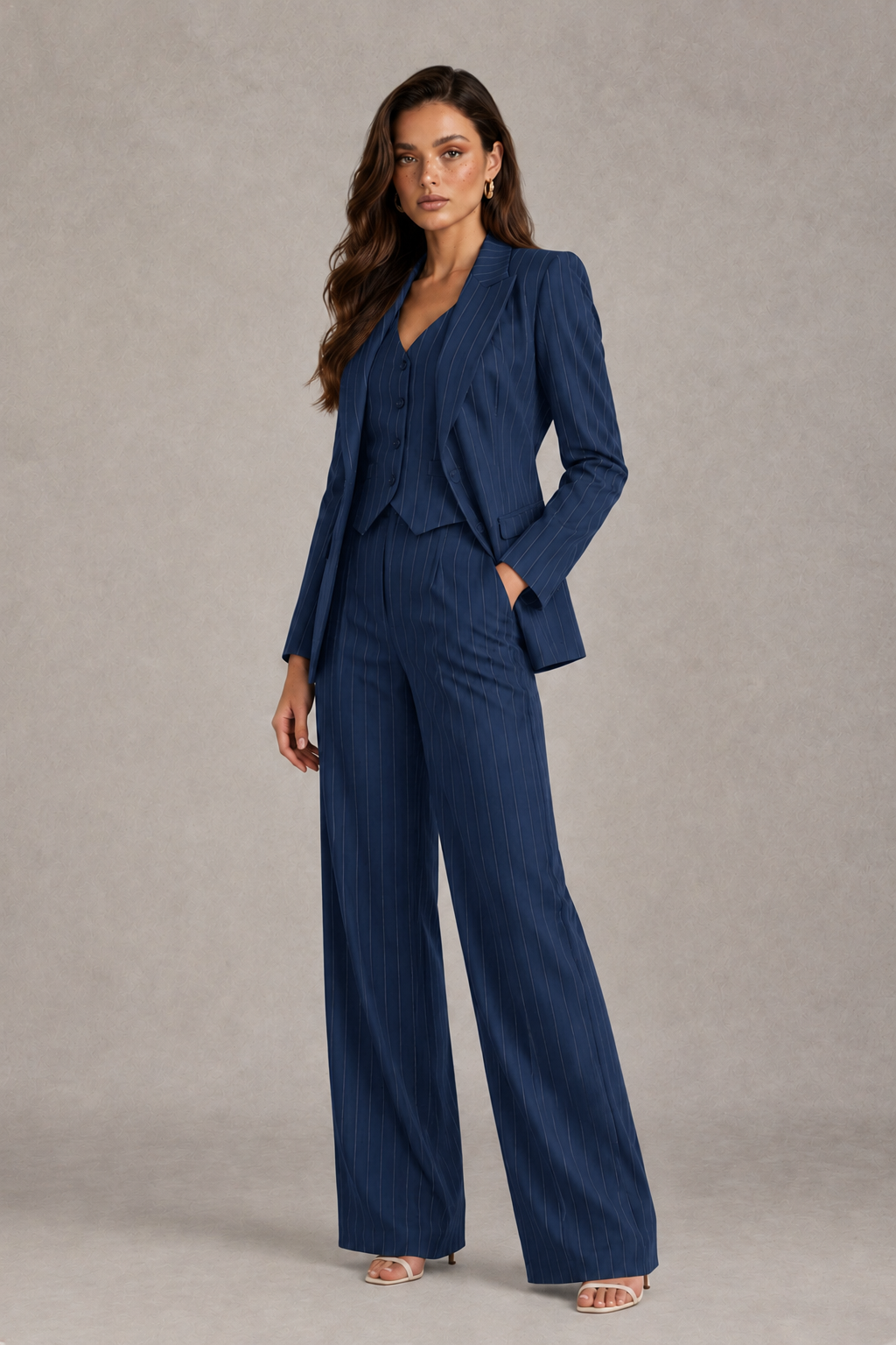 BOLODOO Women's Navy Blue Pinstripe Three-Piece Pantsuit with Wide-Leg Trousers - Navy Blue - Navy Blue_03