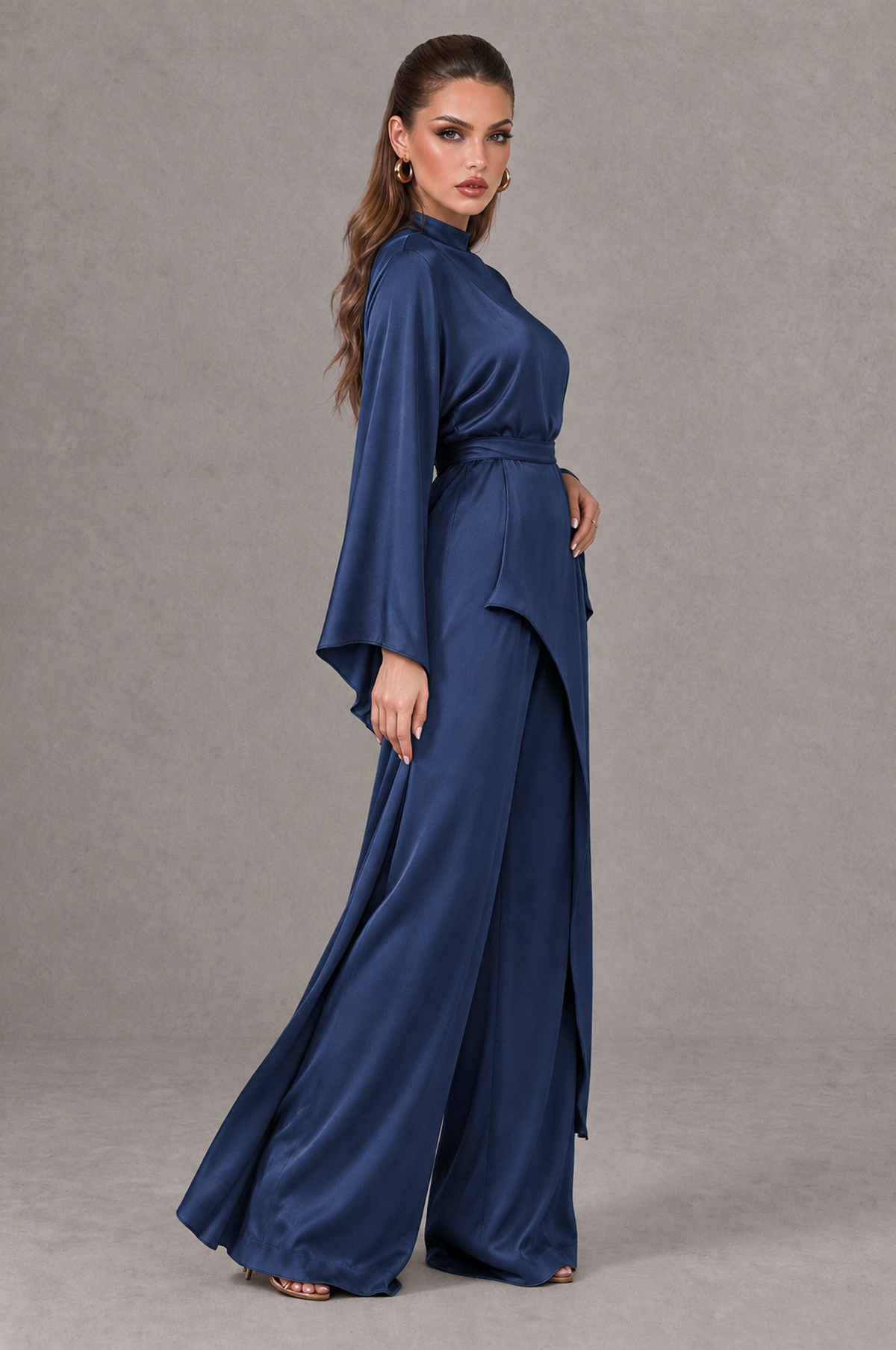 BOLODOO Navy Blue Satin-Look Long Sleeve Wide-Leg Jumpsuit - Navy Blue - Navy Blue_03