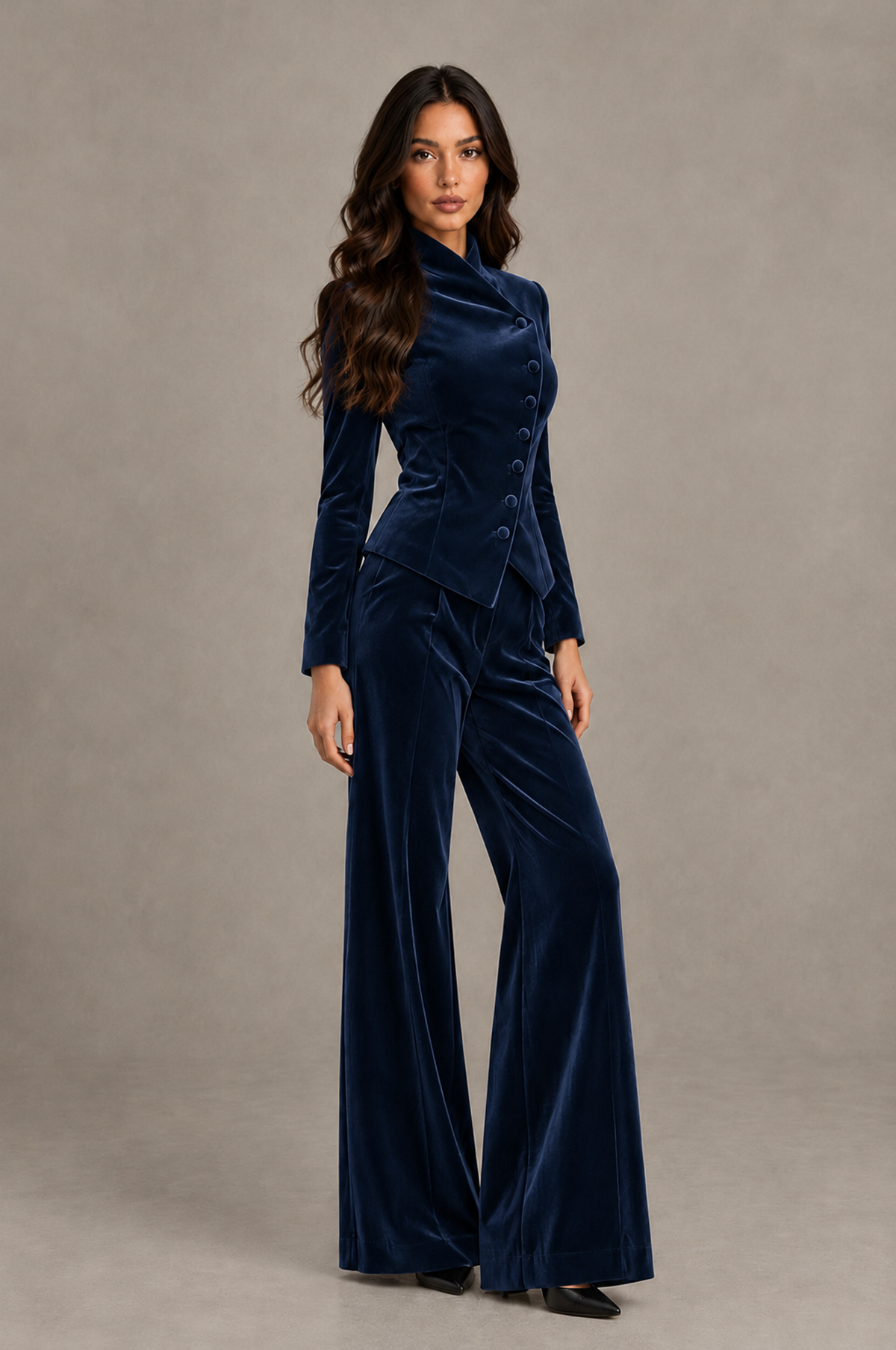 BOLODOO Navy Blue Velvet Two-Piece Pantsuit with Long Sleeve Blazer & Wide-Leg Trousers - Navy Blue - Navy Blue_03