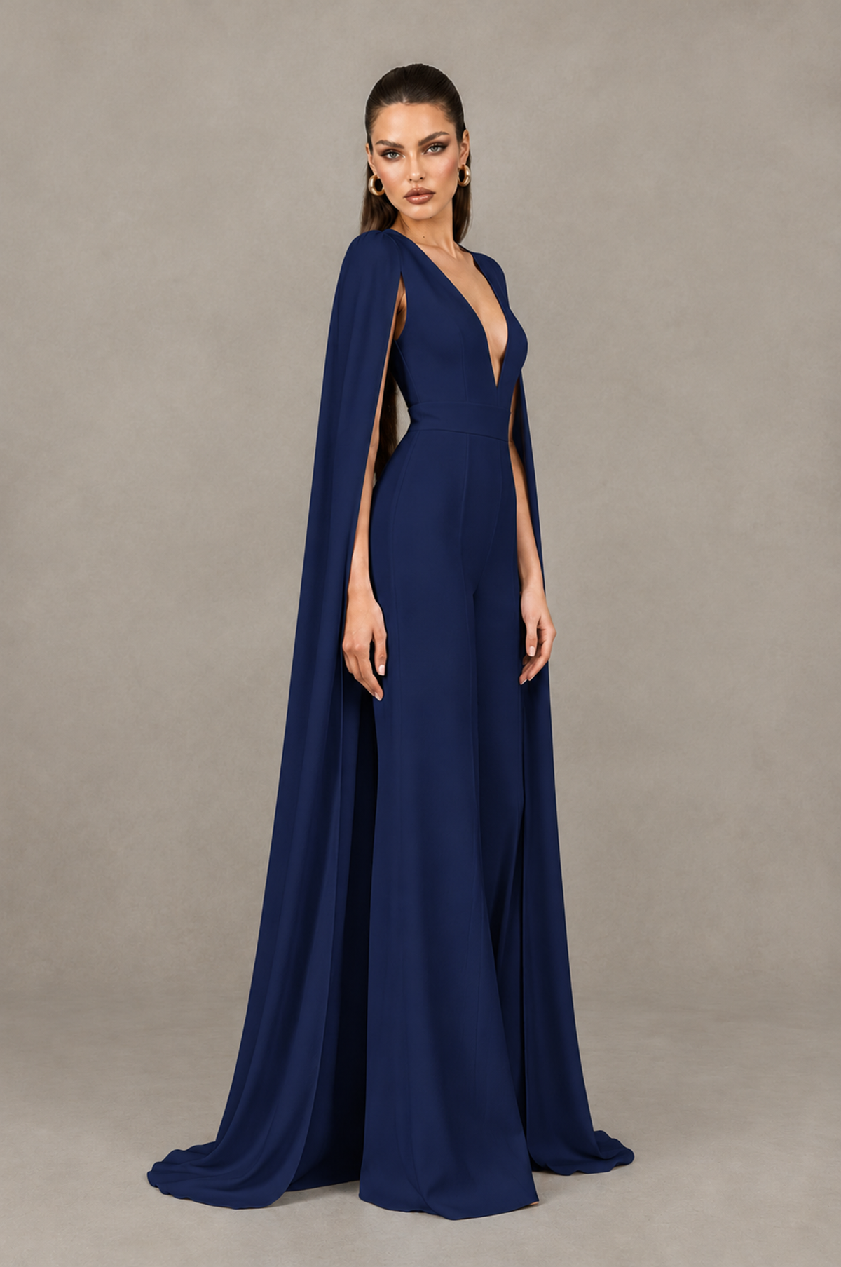 BOLODOO Navy Blue Deep V-Neck Cape Sleeve Bridal Jumpsuit - Navy Blue - Navy Blue_03