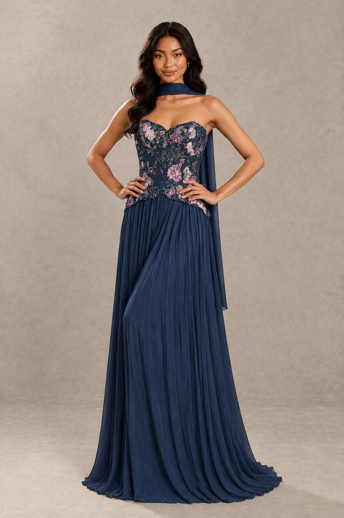 BOLODOO Navy Blue Strapless Beaded Floral Corset Chiffon Maxi Gown – Open Back Prom & Formal Evening Dress - Navy Blue - Navy Blue_04