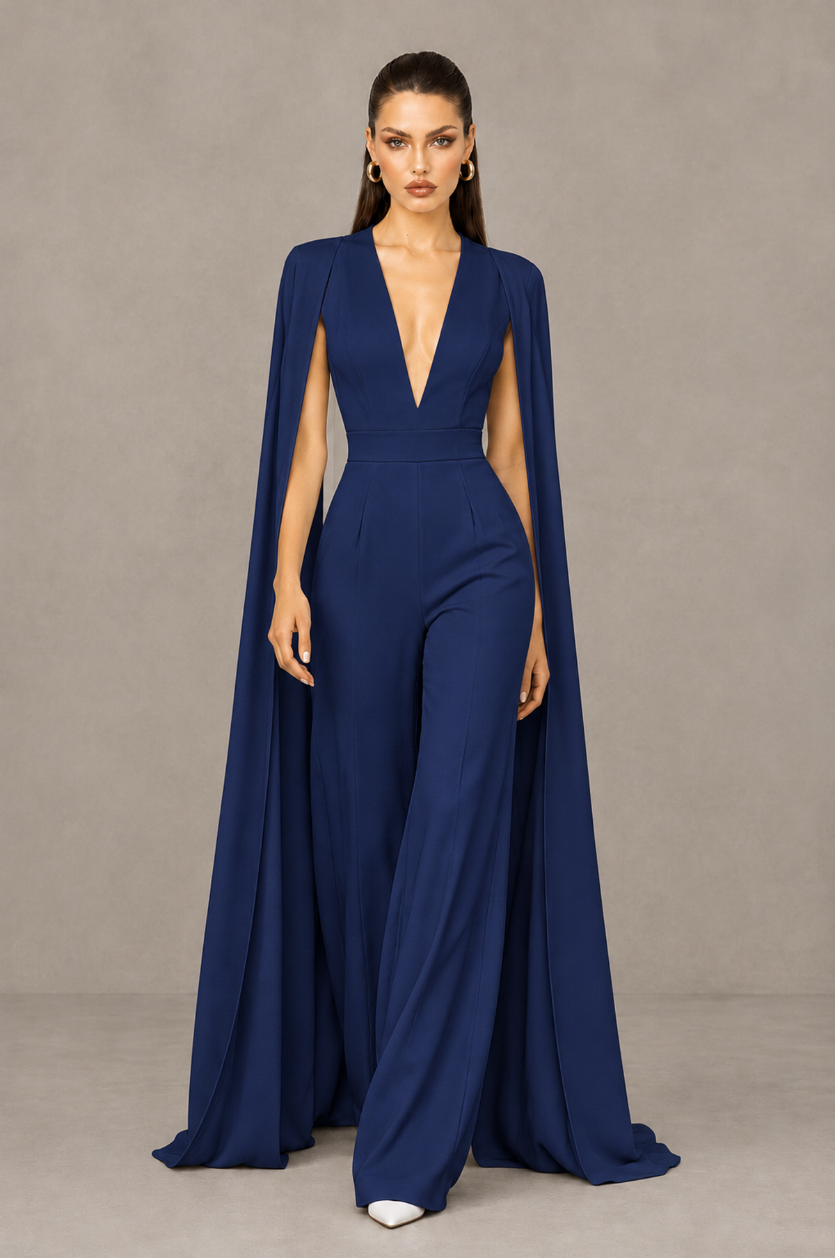 BOLODOO Navy Blue Deep V-Neck Cape Sleeve Bridal Jumpsuit - Navy Blue - Navy Blue_04