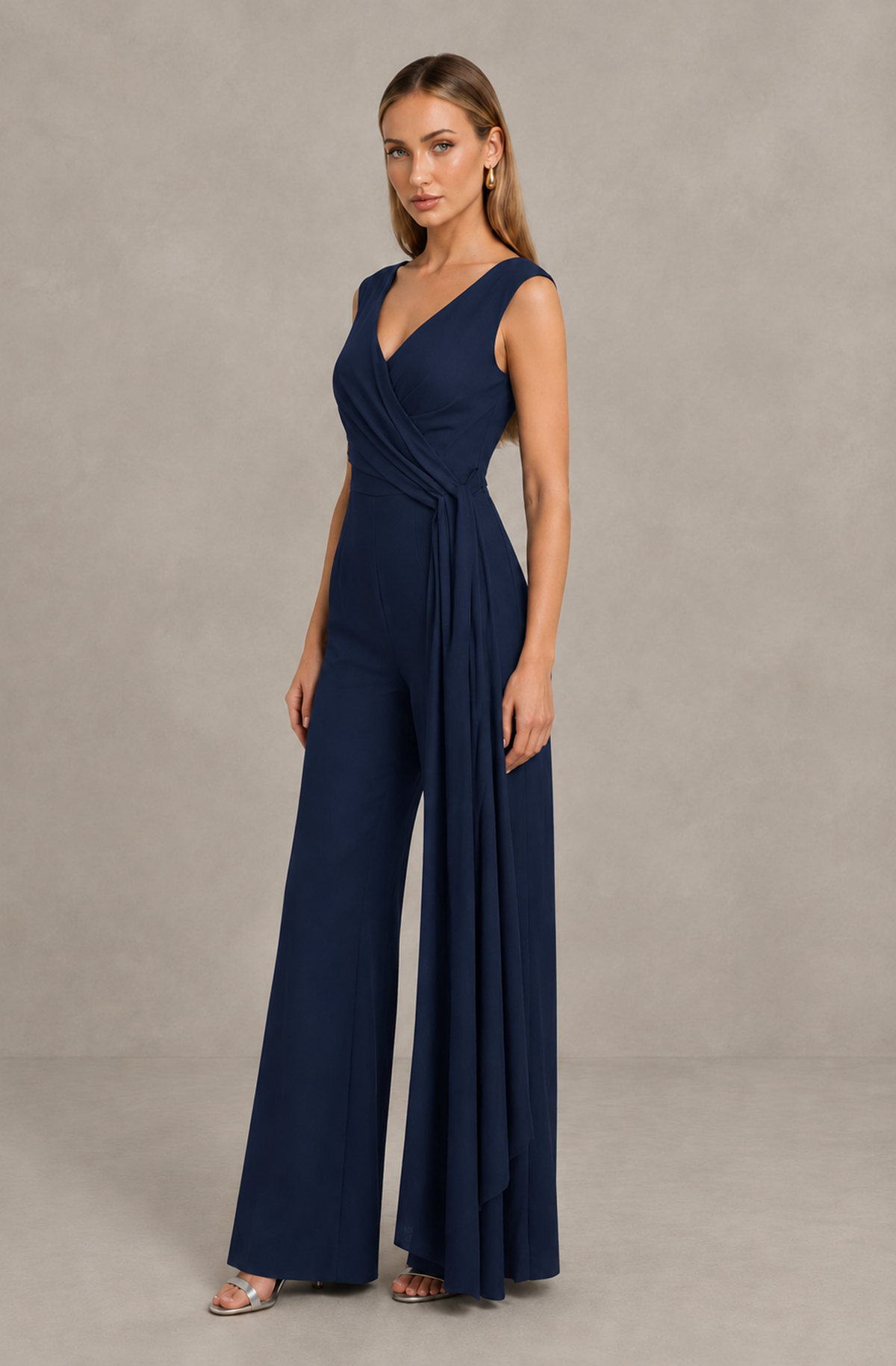 BOLODOO Navy Blue Sleeveless V-Neck Wide-Leg Jumpsuit with Side Drape - Navy Blue - Navy Blue_04