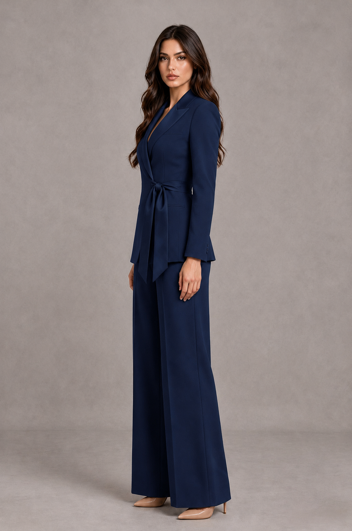 BOLODOO Navy Blue Tie-Waist Blazer & Wide-Leg Pantsuit - Navy Blue - Navy Blue_04