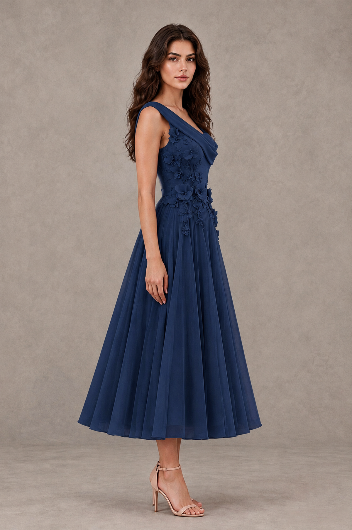 BOLODOO Navy Blue One-Shoulder Floral Tulle Tea-Length Dress - Navy Blue - Navy Blue_04
