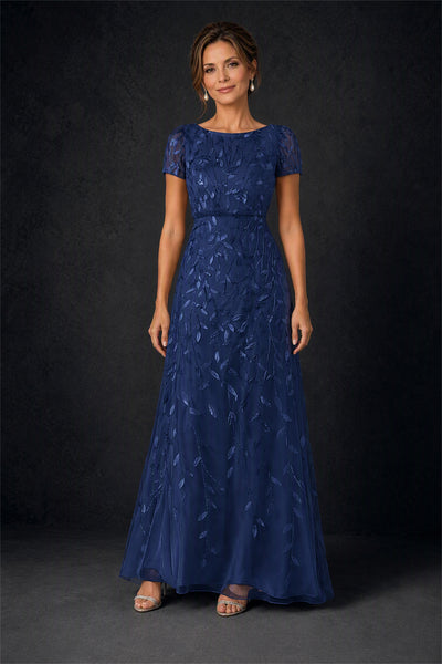 BOLODOO Navy Blue Leaf Embroidered A-Line Formal Gown with Cap Sleeves - Navy Blue
