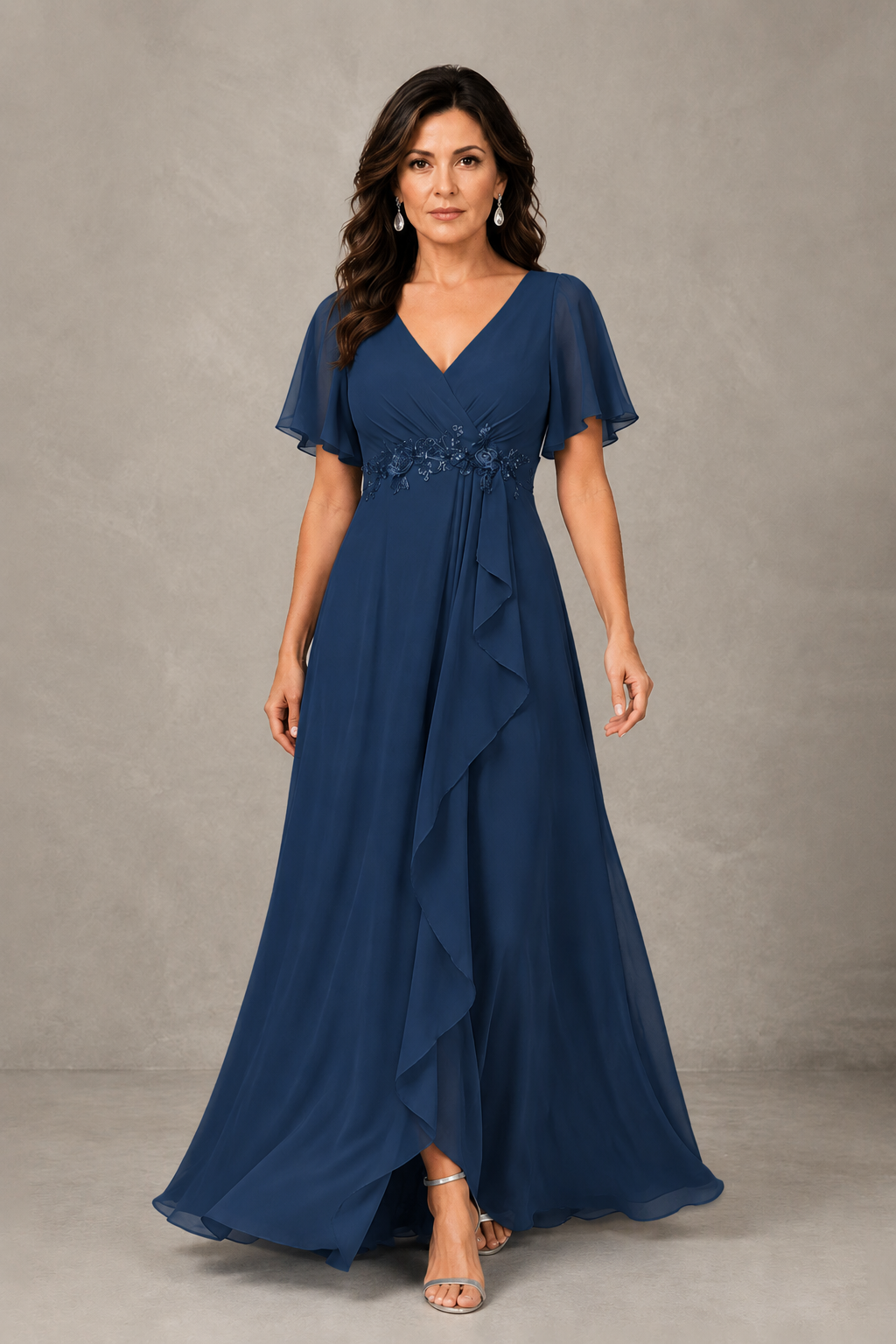 BOLODOO Navy Blue Chiffon V-Neck Flutter Sleeve Floral Applique Cascade Ruffle Lace-Up Back A-Line Maxi Evening Dress - Navy Blue