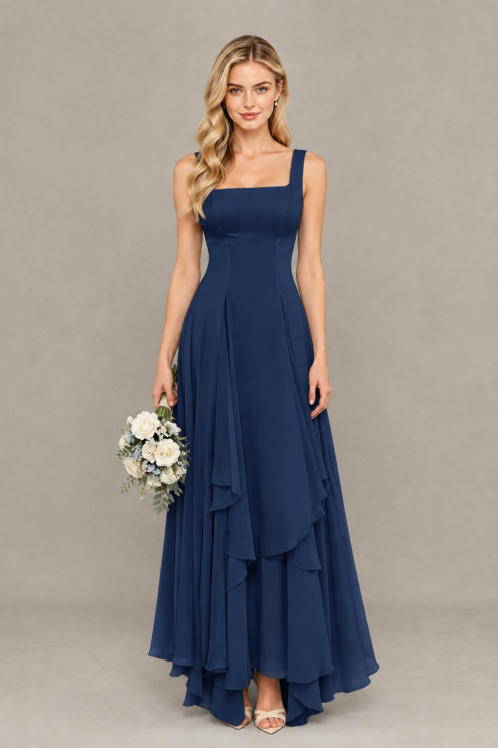 BOLODOO Navy Blue Square Neck Chiffon Bridesmaid Dress with Lace-Up Back - Navy Blue
