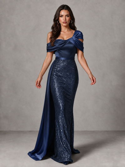 BOLODOO Navy Blue Sequin Mermaid Evening Dress with Off-Shoulder Satin Drape and Sweep Train - Navy Blue - Navy Blue_1